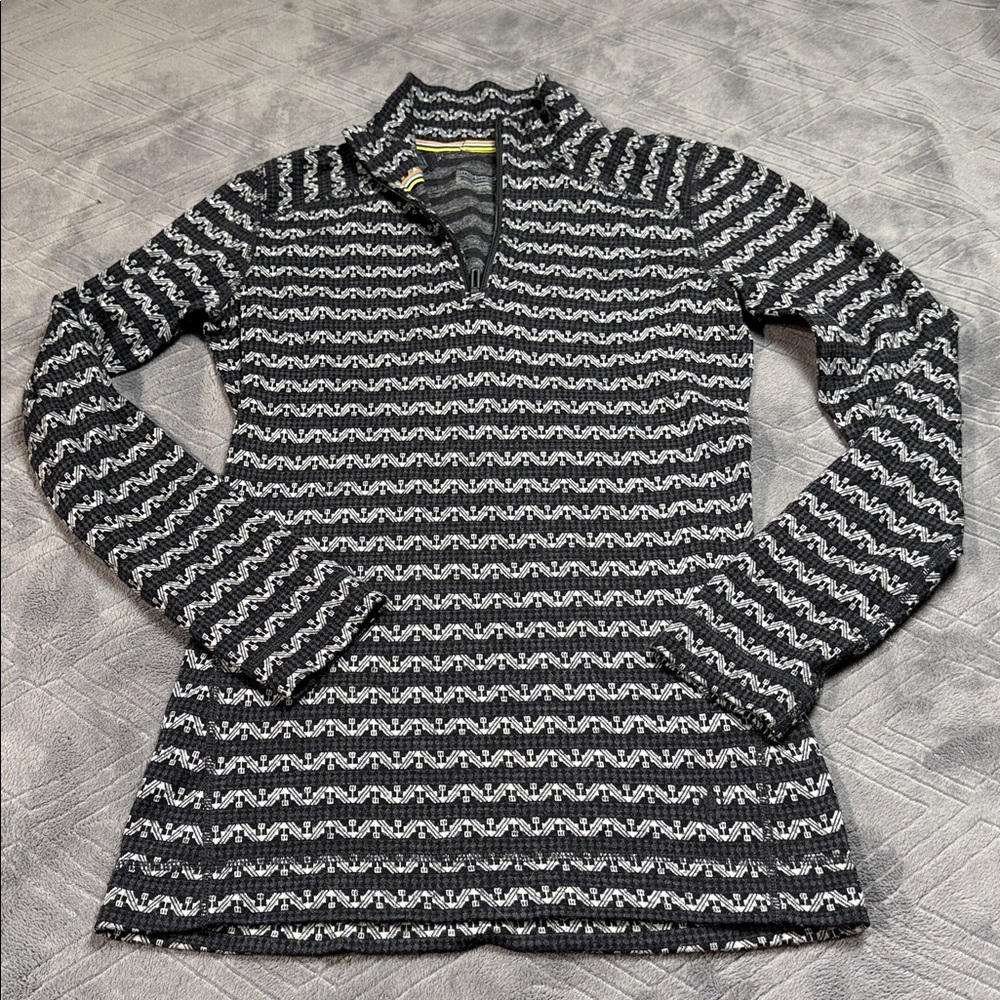 Smartwool Merino Wool Long Sleeve Top Quarter Zip Patterned Black White Small